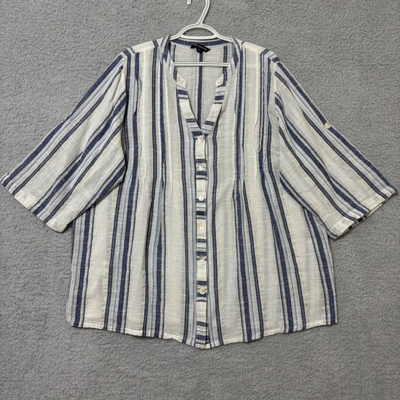 Club Z Collection Tops - Comfortable Cotton Blend Blouse Roll Tab Sleeve Lightweight‎ Blue Stripe 3X